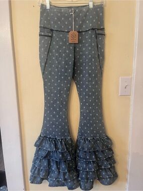 A Rare Bird jeans Boho Flare Jeans polka dots womens size small ruffles stretchy